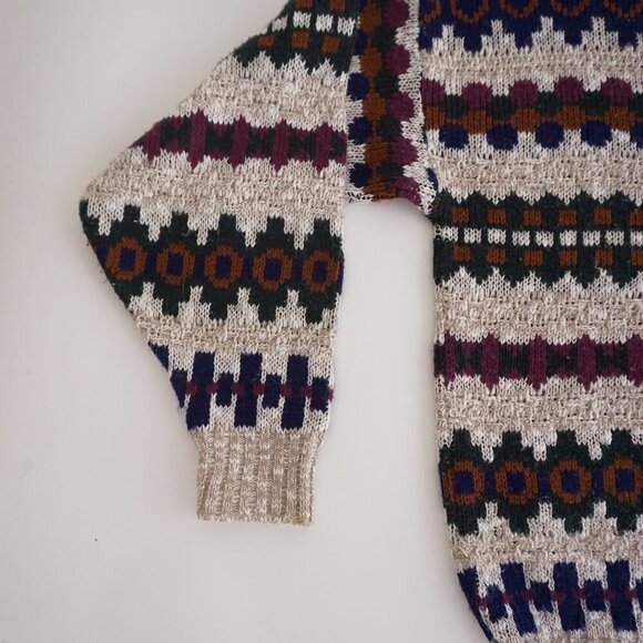 Vtg '80S Ash Creek Taupe Purple Cosby Biggie Eclectic Crewneck Knit Sweater XL - Picture 9 of 10